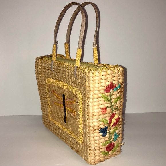 1990s Dragonfly Embroidered Woven Corn Husk Mini Tote Bag - Picture 2 of 11